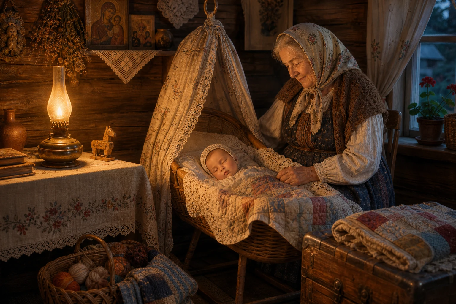 Бабушкины колыбельные: тёплая деревенская комната, колыбель и бабушка у лампы