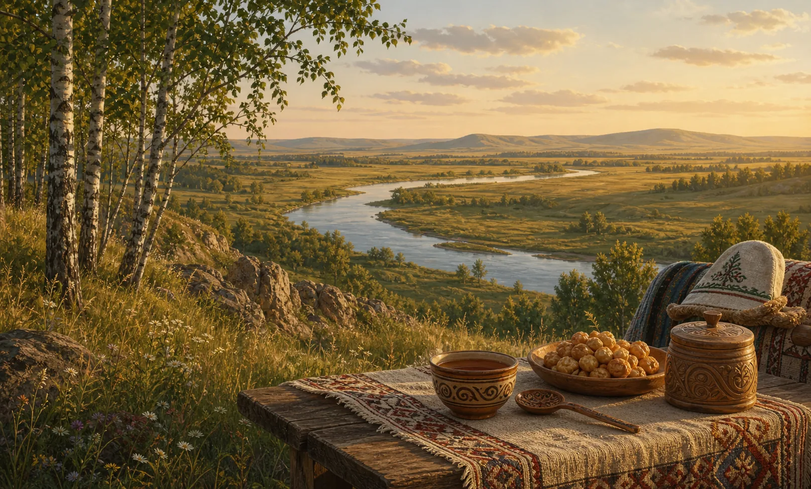 Башкирские пословицы и поговорки: пейзаж с рекой, березами и чайной посудой