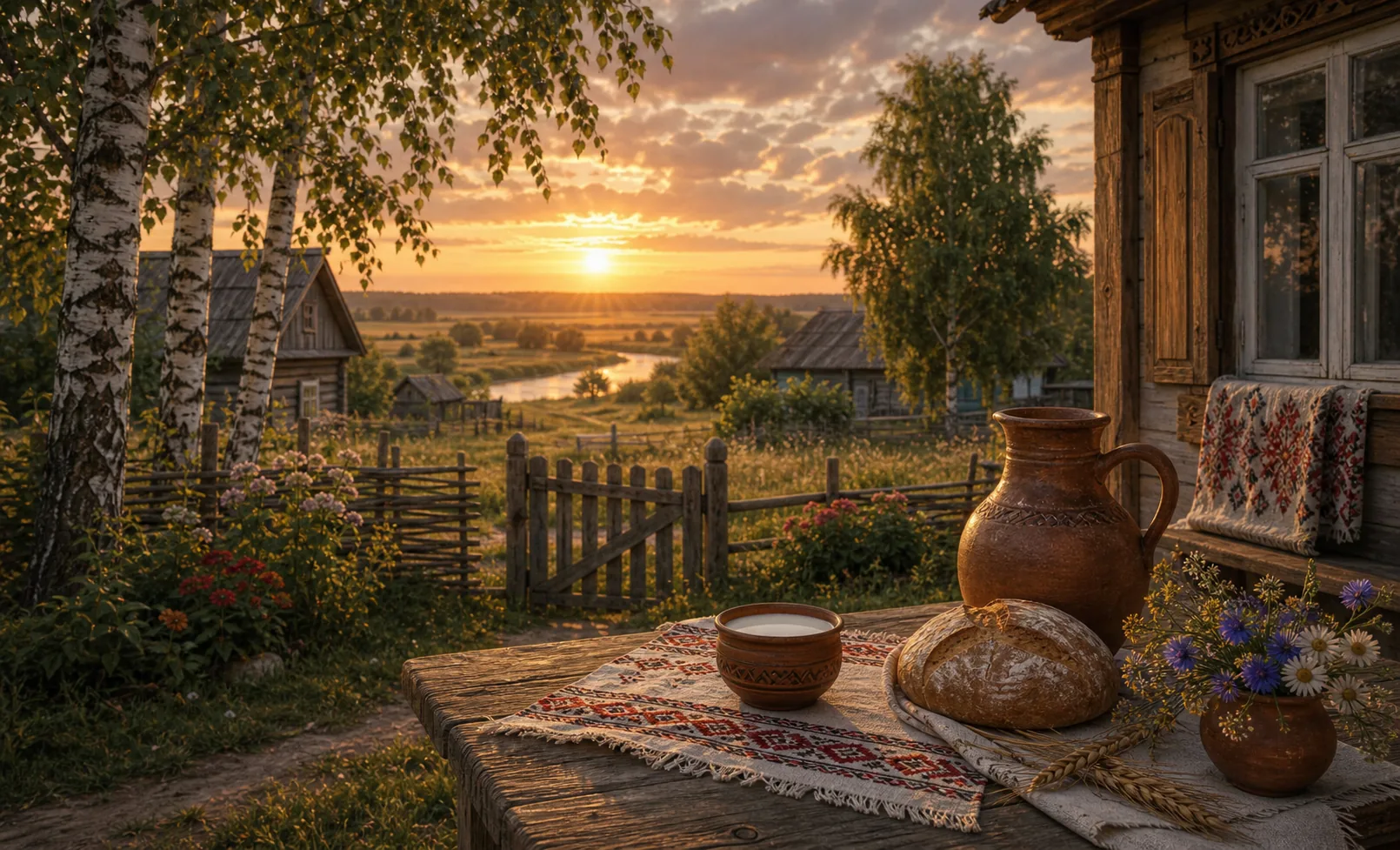 Белорусские пословицы: деревенский двор с березами, хлебом и рекой на закате