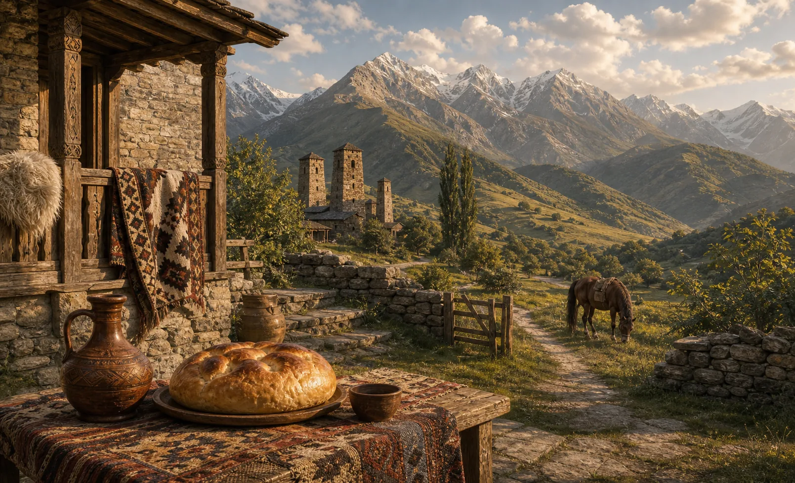Карачаевские пословицы и поговорки: горный двор с хлебом, керамикой и дорогой к кавказским склонам