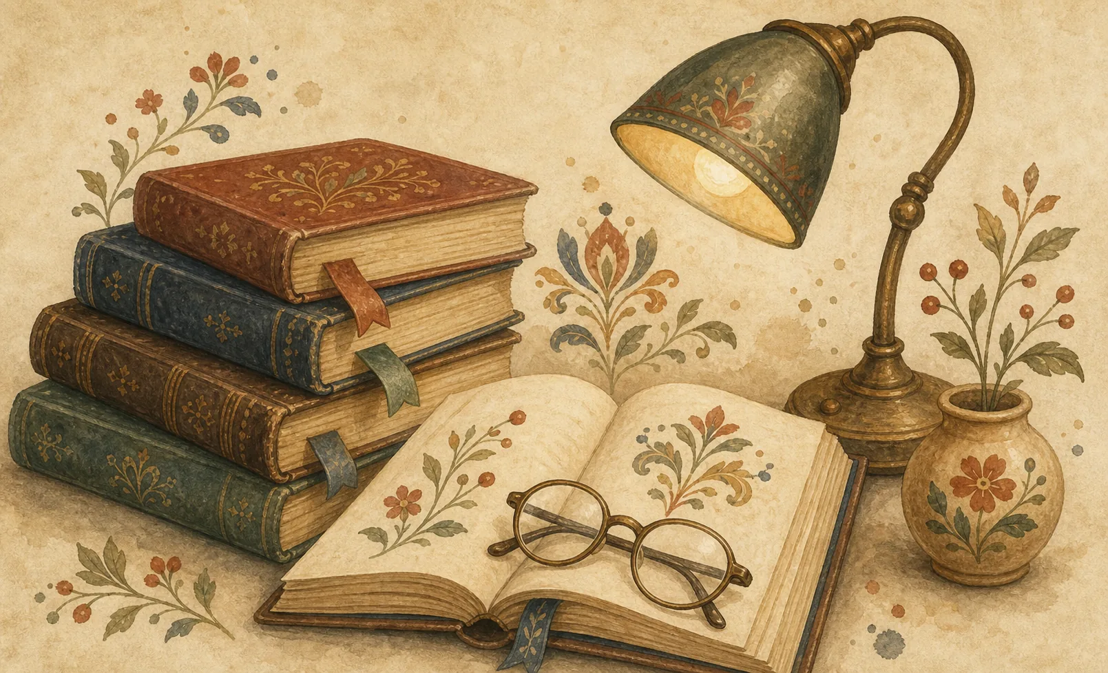 Пословицы и поговорки о чтении: стопка старых книг, очки и закладки в мягком тёплом свете