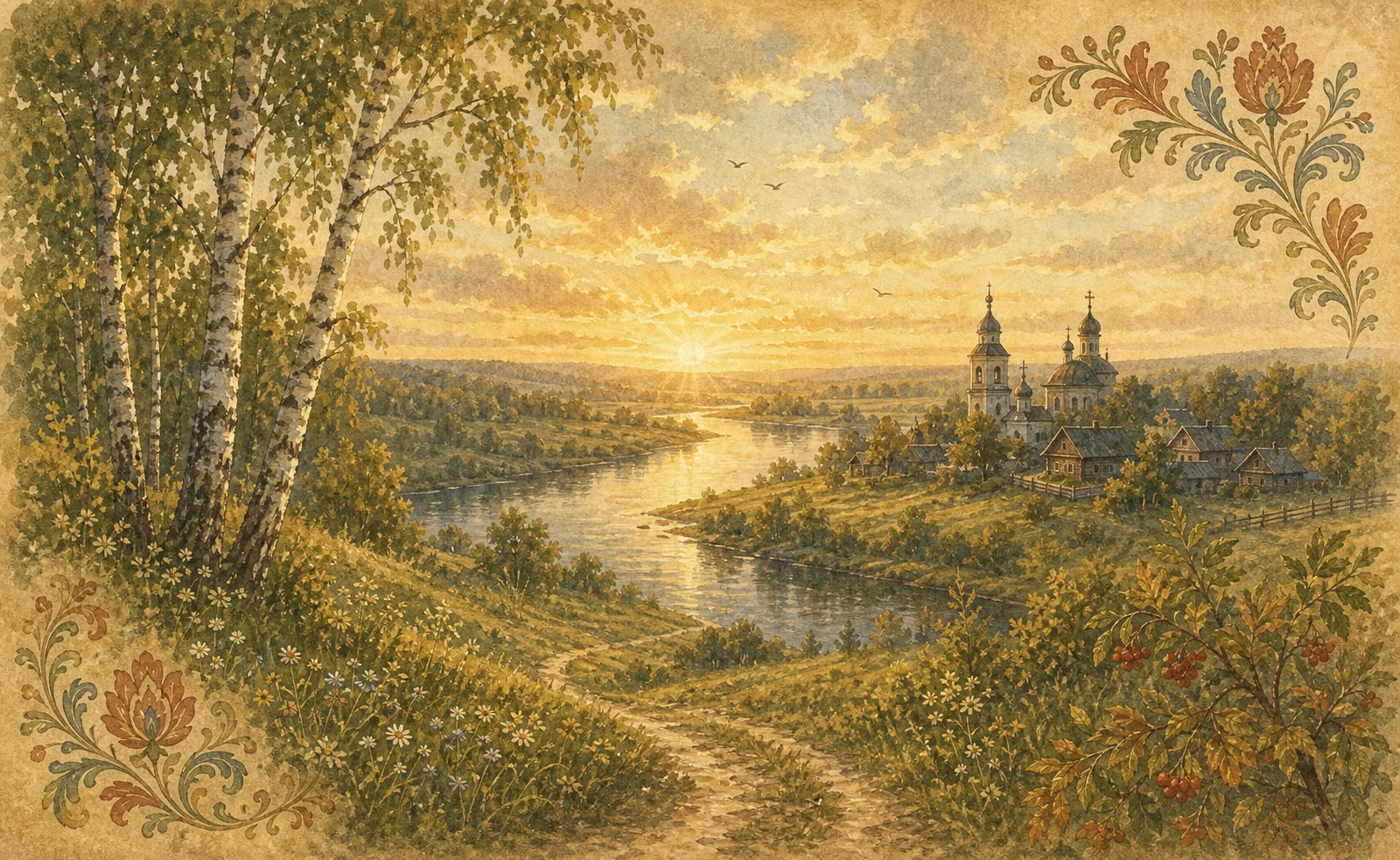 Родина: широкая русская река, берёзы и дальняя деревня в мягком утреннем свете