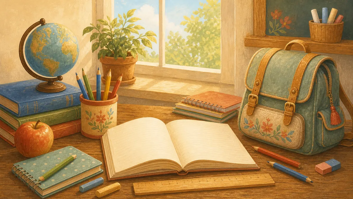 Пословицы для школы: книги, тетради и школьные принадлежности на столе