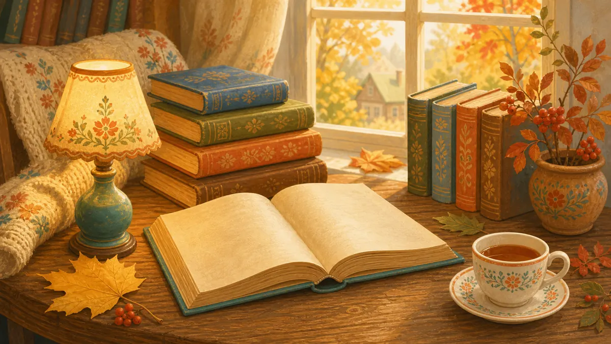 Книги и лампа на столе