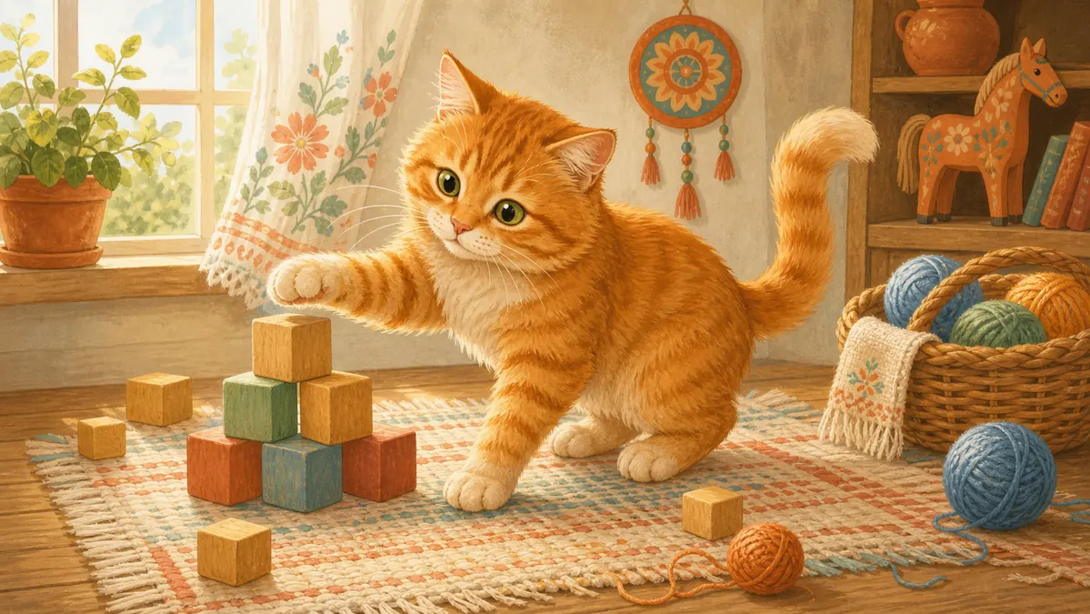 Считалки про кота: рыжий кот рядом с детскими игрушками